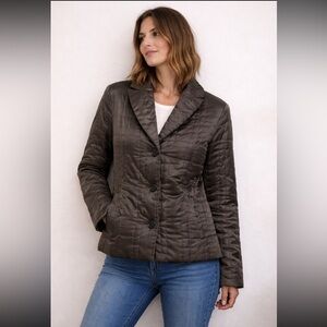 Chico’s Quilted Satin Jacket/Coat silver/green